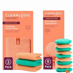 Cleanlogic Daily Skincare Set for Sensitive Skin – 3 Exfoliating Body Cloths   9 Gentle Makeup Remover Facial Pads, Soft Texture for Smoothing & Cleansing