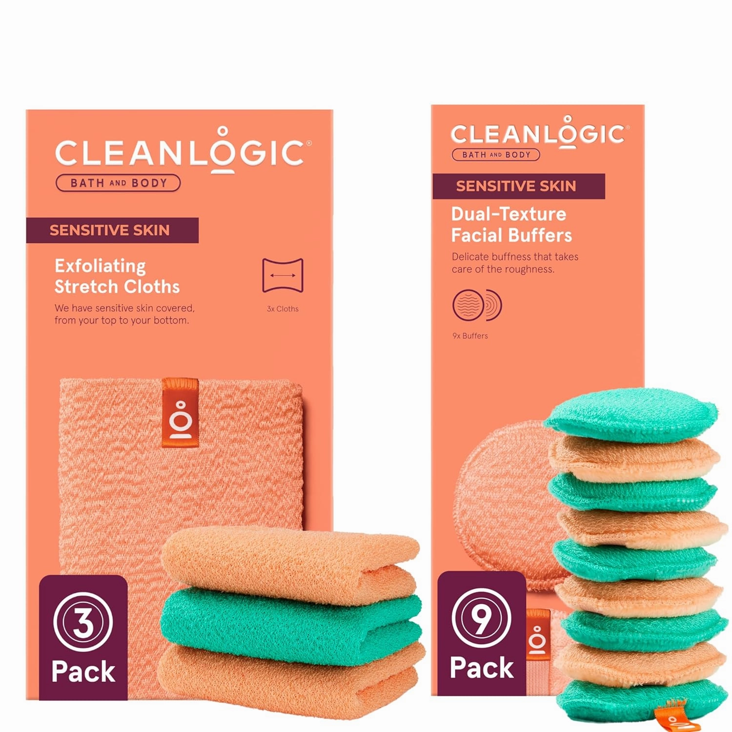 Cleanlogic Daily Skincare Set for Sensitive Skin – 3 Exfoliating Body Cloths   9 Gentle Makeup Remover Facial Pads, Soft Texture for Smoothing & Cleansing