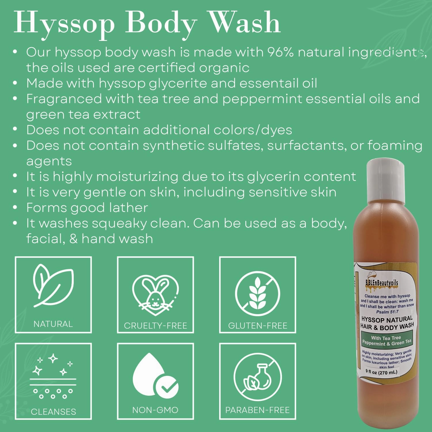 Cleanse Me With Hyssop Natural Hair and Body Wash, Organic Hyssop Infused Shampoo and Body Wash for Nourishing and Refreshing Hair & Body Cleansing (Tea Tree Peppermint & Green Tea)