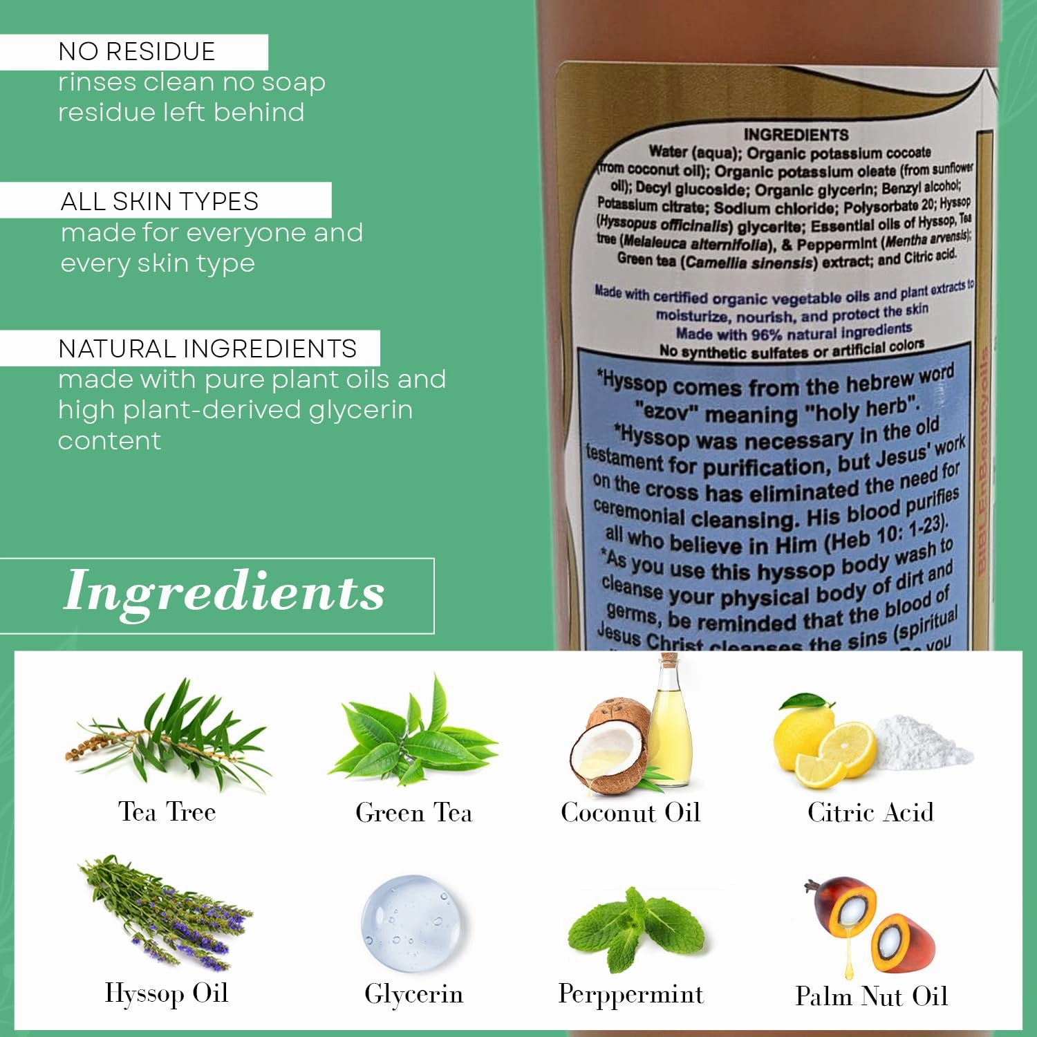 Cleanse Me With Hyssop Natural Hair and Body Wash, Organic Hyssop Infused Shampoo and Body Wash for Nourishing and Refreshing Hair & Body Cleansing (Tea Tree Peppermint & Green Tea)