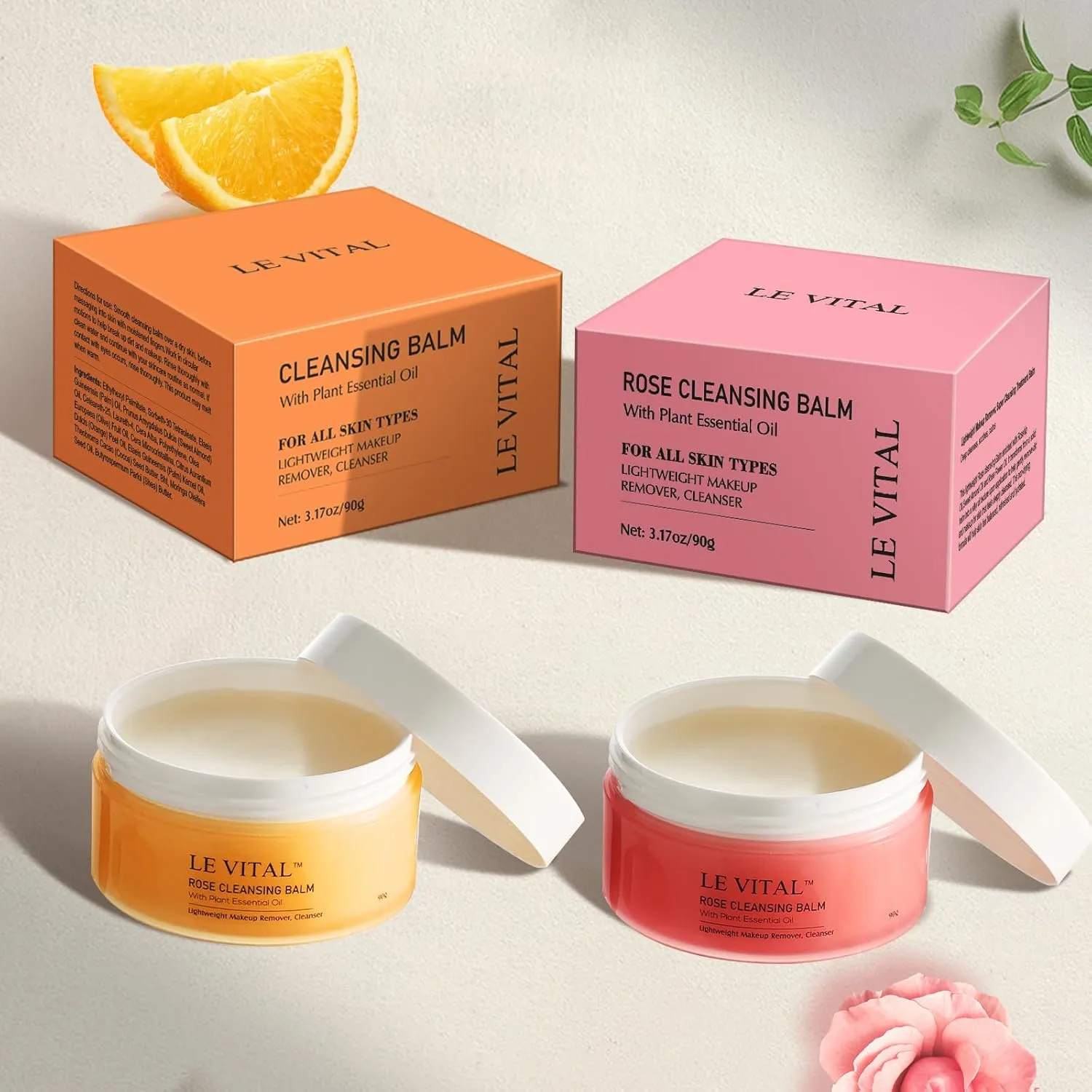 Cleansing Balm, Plant Essential Oil Makeup Remover for Sensitive & Dry Skin, 1-Step Gentle Cleanser for Heavy Makeup, Sunscreen & Women’s Skincare,Travel-Friendly (Pack of 2, Tangerine & Rose)