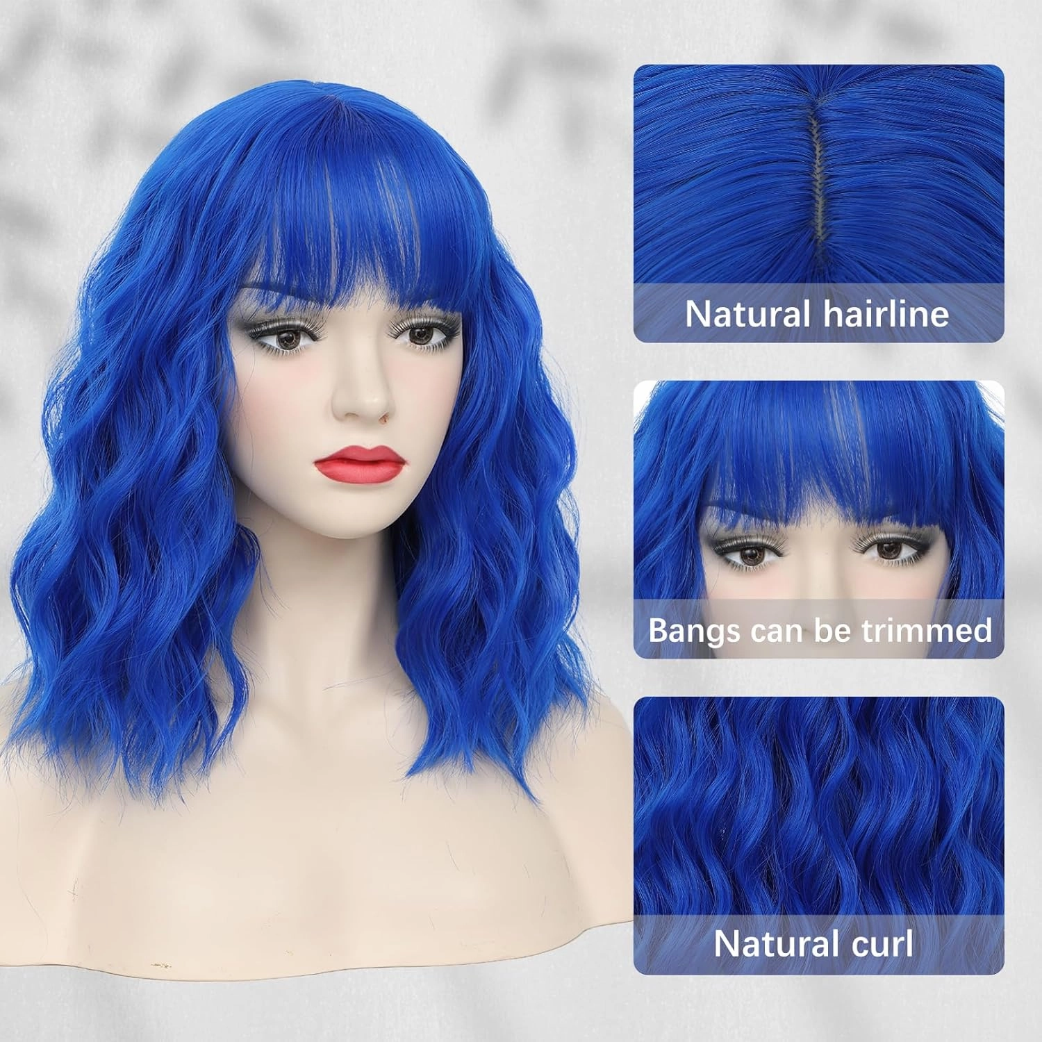 CLIONE Dark Blue Wigs for Women Cosplay Wig Short Wavy Bob Wigs Women Girl's Synthetic Wig Blue Wig with Bangs Shoulder Length Natural Wavy Colored Wigs For Daily Party Use Halloween Costume Wigs 14”