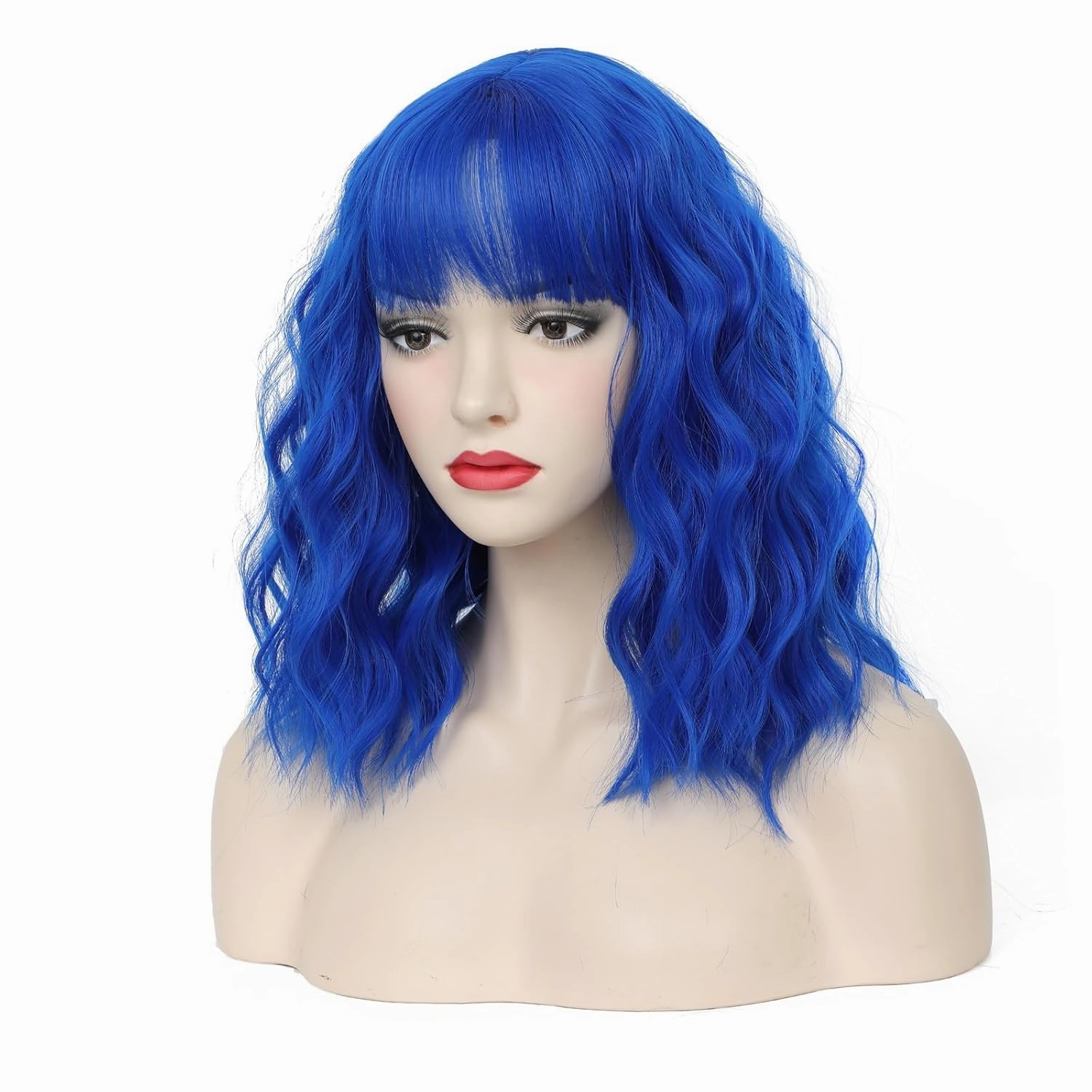 CLIONE Dark Blue Wigs for Women Cosplay Wig Short Wavy Bob Wigs Women Girl's Synthetic Wig Blue Wig with Bangs Shoulder Length Natural Wavy Colored Wigs For Daily Party Use Halloween Costume Wigs 14”