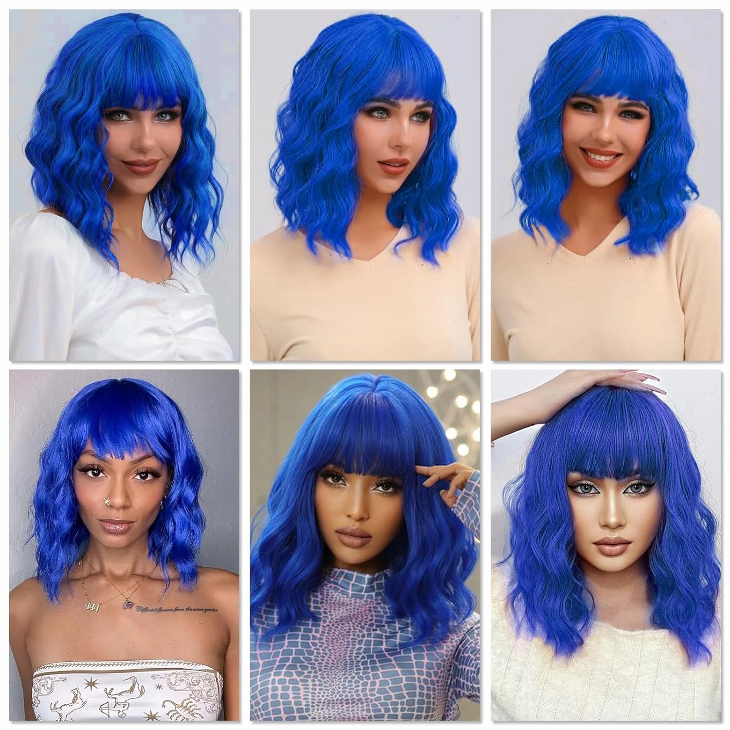 CLIONE Dark Blue Wigs for Women Cosplay Wig Short Wavy Bob Wigs Women Girl's Synthetic Wig Blue Wig with Bangs Shoulder Length Natural Wavy Colored Wigs For Daily Party Use Halloween Costume Wigs 14”