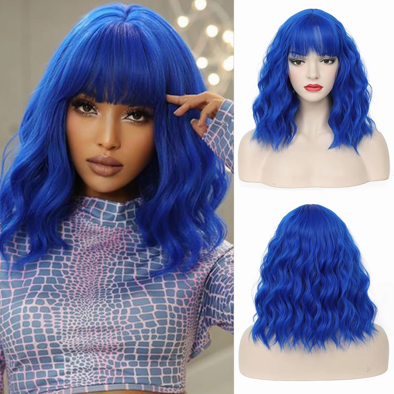 CLIONE Dark Blue Wigs for Women Cosplay Wig Short Wavy Bob Wigs Women Girl's Synthetic Wig Blue Wig with Bangs Shoulder Length Natural Wavy Colored Wigs For Daily Party Use Halloween Costume Wigs 14”