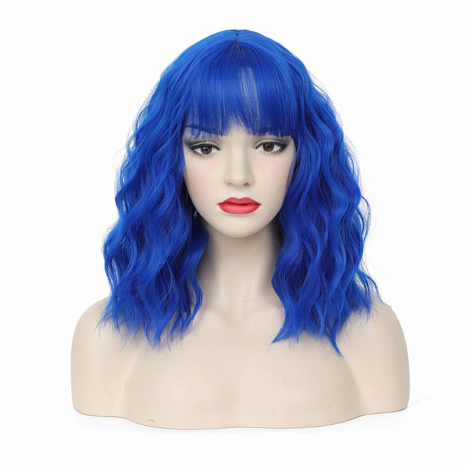 CLIONE Dark Blue Wigs for Women Cosplay Wig Short Wavy Bob Wigs Women Girl's Synthetic Wig Blue Wig with Bangs Shoulder Length Natural Wavy Colored Wigs For Daily Party Use Halloween Costume Wigs 14”