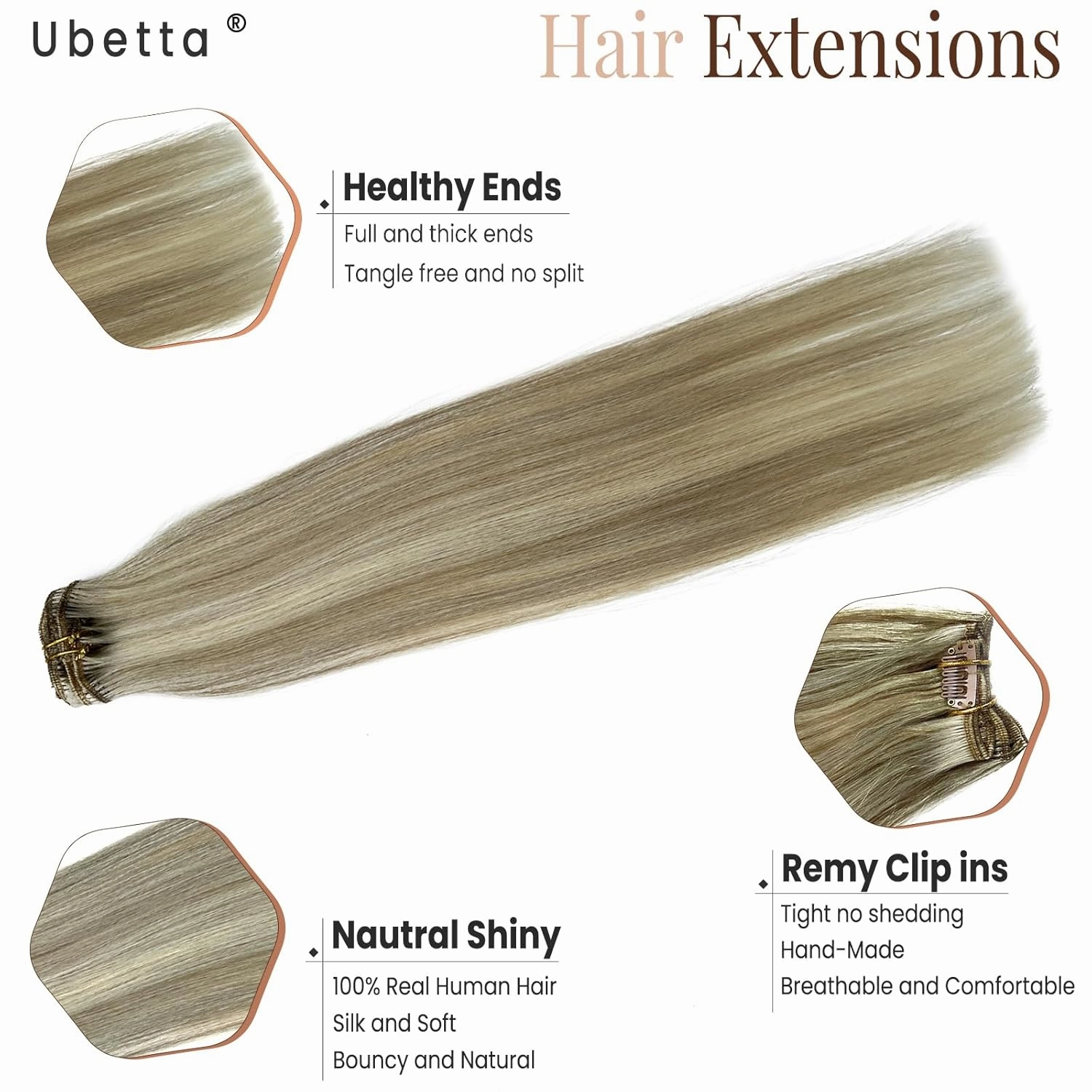 Clip in Hair Extensions Real Human Hair, Ash Blonde Balayage Blonde Highlights Hair Extension Real Human Hair Clip ins 14 Inch 7pcs 70G Double Weft Hair Extensions Human Hair Clip in Extensions