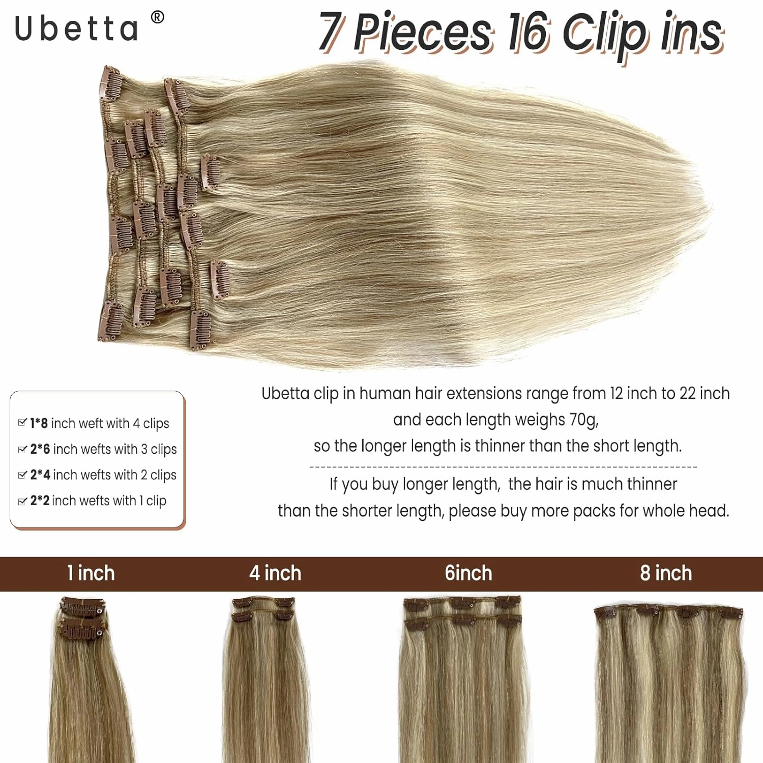 Clip in Hair Extensions Real Human Hair, Ash Blonde Balayage Blonde Highlights Hair Extension Real Human Hair Clip ins 14 Inch 7pcs 70G Double Weft Hair Extensions Human Hair Clip in Extensions