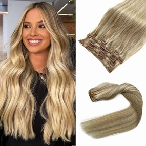 Clip in Hair Extensions Real Human Hair, Ash Blonde Balayage Blonde Highlights Hair Extension Real Human Hair Clip ins 14 Inch 7pcs 70G Double Weft Hair Extensions Human Hair Clip in Extensions