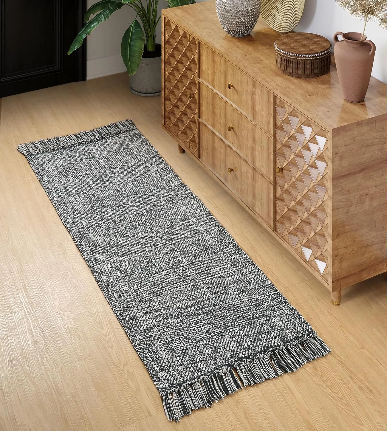 Collive Hallway Runner Rug, 2' x 5' Soft Washable Kitchen Runner Rug, Grey Contemporary Modern Laundry Room Rugs Indoor Hand-Woven Cotton Carpet for Bedroom Entryway Front Door Farmhouse