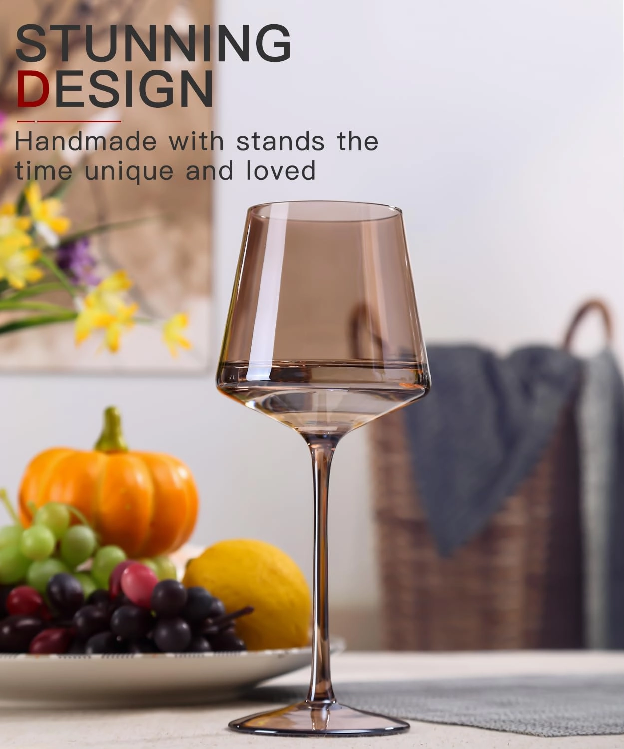 Colored Wine Glasses Set of 6-18oz Smokey Sand Wine Glass with Tall Long Stems and Flat Bottom,Crystal Amber Wine Glasses-Unique Gifts for Wine Lovers,Wedding,Engagement Gifts(Smokey Sand)
