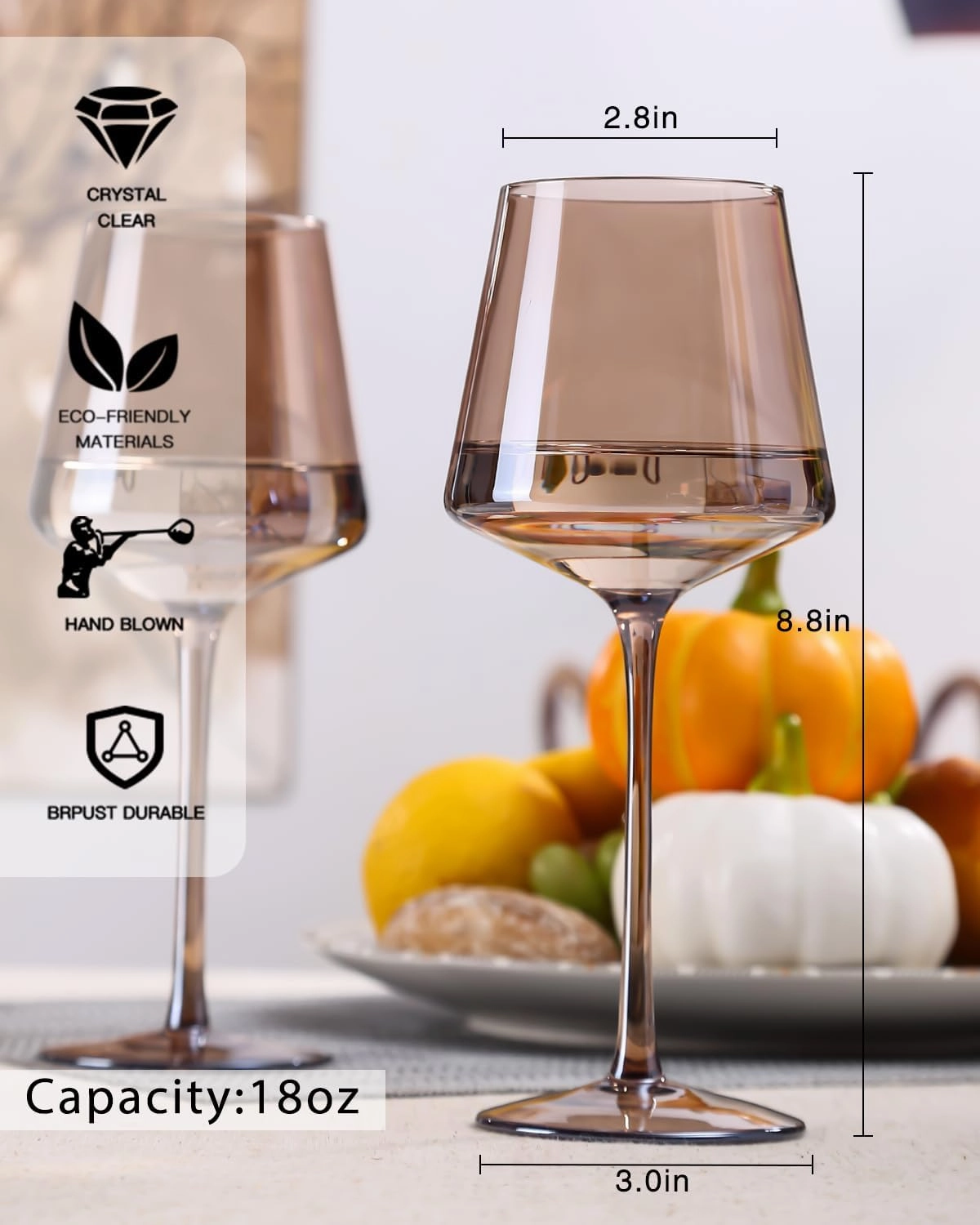 Colored Wine Glasses Set of 6-18oz Smokey Sand Wine Glass with Tall Long Stems and Flat Bottom,Crystal Amber Wine Glasses-Unique Gifts for Wine Lovers,Wedding,Engagement Gifts(Smokey Sand)