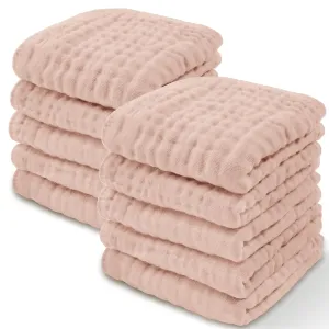 Comfy Cubs Muslin Baby Washcloths 10 Pack - Soft 6-Layer Cotton Wash Cloths for Sensitive Skin - 10"x10" Large, Gentle, Absorbent Infant Essentials for Newborn and Toddlers - (Blush)