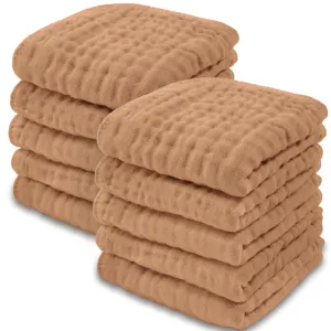 Comfy Cubs Muslin Baby Washcloths 10 Pack - Soft 6-Layer Cotton Wash Cloths for Sensitive Skin - 10"x10" Large, Gentle, Absorbent Infant Essentials for Newborn and Toddlers - (Caramel)