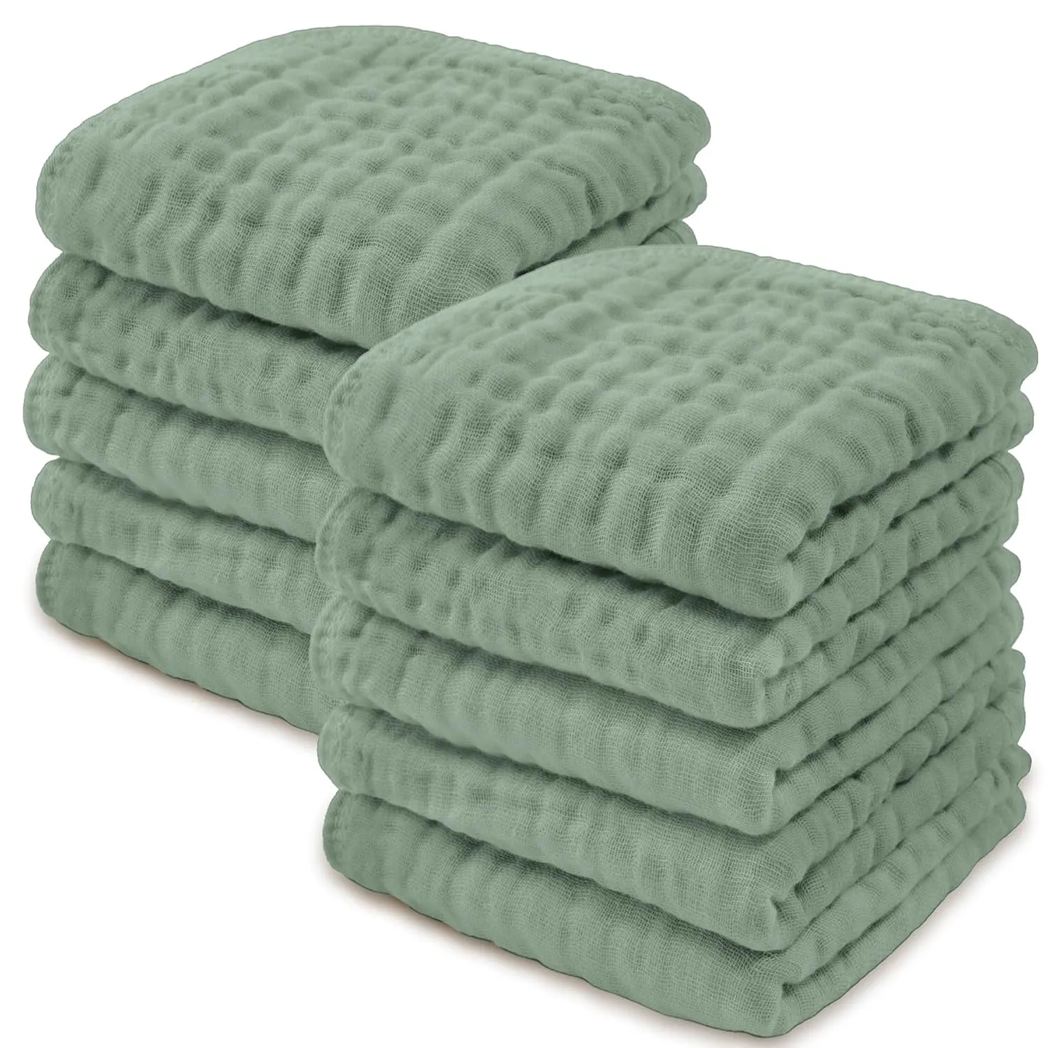 Comfy Cubs Muslin Baby Washcloths 10 Pack - Soft 6-Layer Cotton Wash Cloths for Sensitive Skin - 10"x10" Large, Gentle, Absorbent Infant Essentials for Newborn and Toddlers - (Fern)