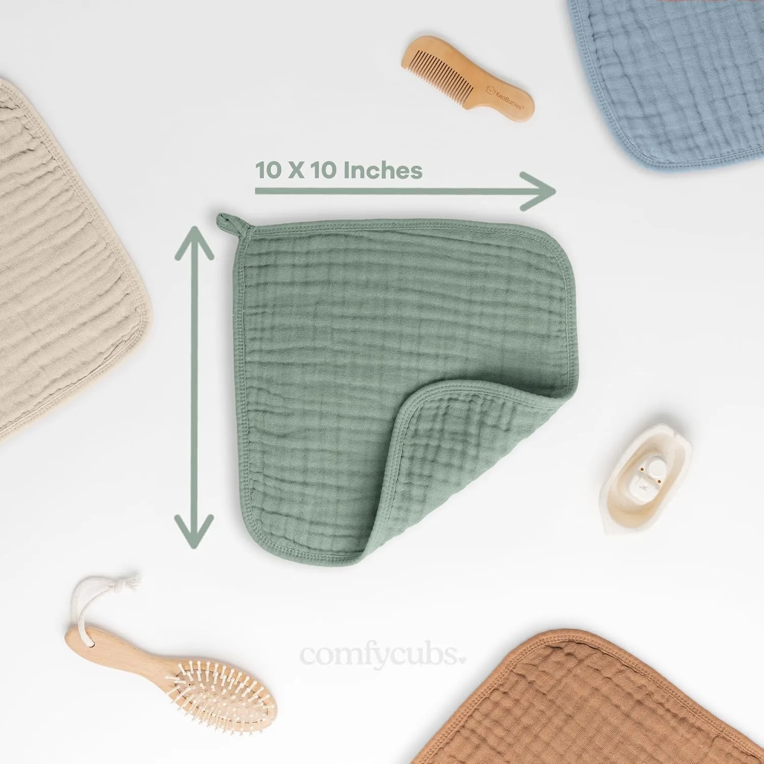 Comfy Cubs Muslin Baby Washcloths 10 Pack - Soft 6-Layer Cotton Wash Cloths for Sensitive Skin - 10"x10" Large, Gentle, Absorbent Infant Essentials for Newborn and Toddlers - (Fern)