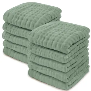 Comfy Cubs Muslin Baby Washcloths 10 Pack - Soft 6-Layer Cotton Wash Cloths for Sensitive Skin - 10"x10" Large, Gentle, Absorbent Infant Essentials for Newborn and Toddlers - (Fern)