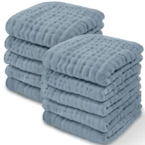 Comfy Cubs Muslin Baby Washcloths 10 Pack - Soft 6-Layer Cotton Wash Cloths for Sensitive Skin - 10"x10" Large, Gentle, Absorbent Infant Essentials for Newborn and Toddlers - (Pacific Blue)