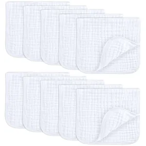 Comfy Cubs Muslin Burp Cloths 20" x 10", Pack of 10 - Large, 6-Layer, Ultra Absorbent 100% Cotton for Baby Drool and Messes - Soft, Safe & Gentle Baby Burp Cloths for Boys & Girls - White