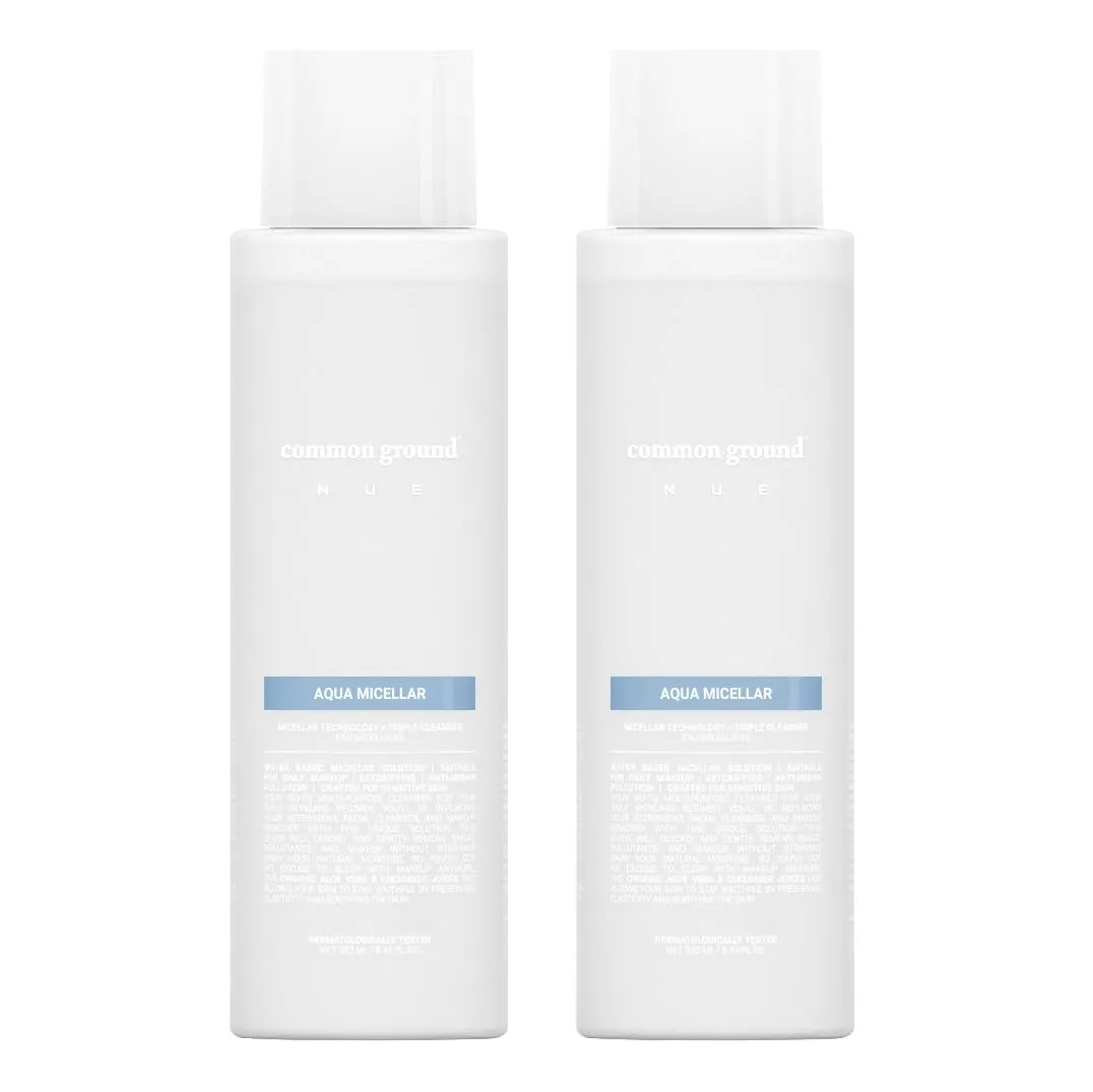 COMMON GROUND NUE Aqua Micellar Water Makeup Remover 3-in-1 Cleanser, Astringent, Makeup Remover, Non-Greasy, No-Rinse, Hydrating, Plant-Based, Organic Aloe Vera & Cucumber, 8.4 Fl Oz (Pack of 2)