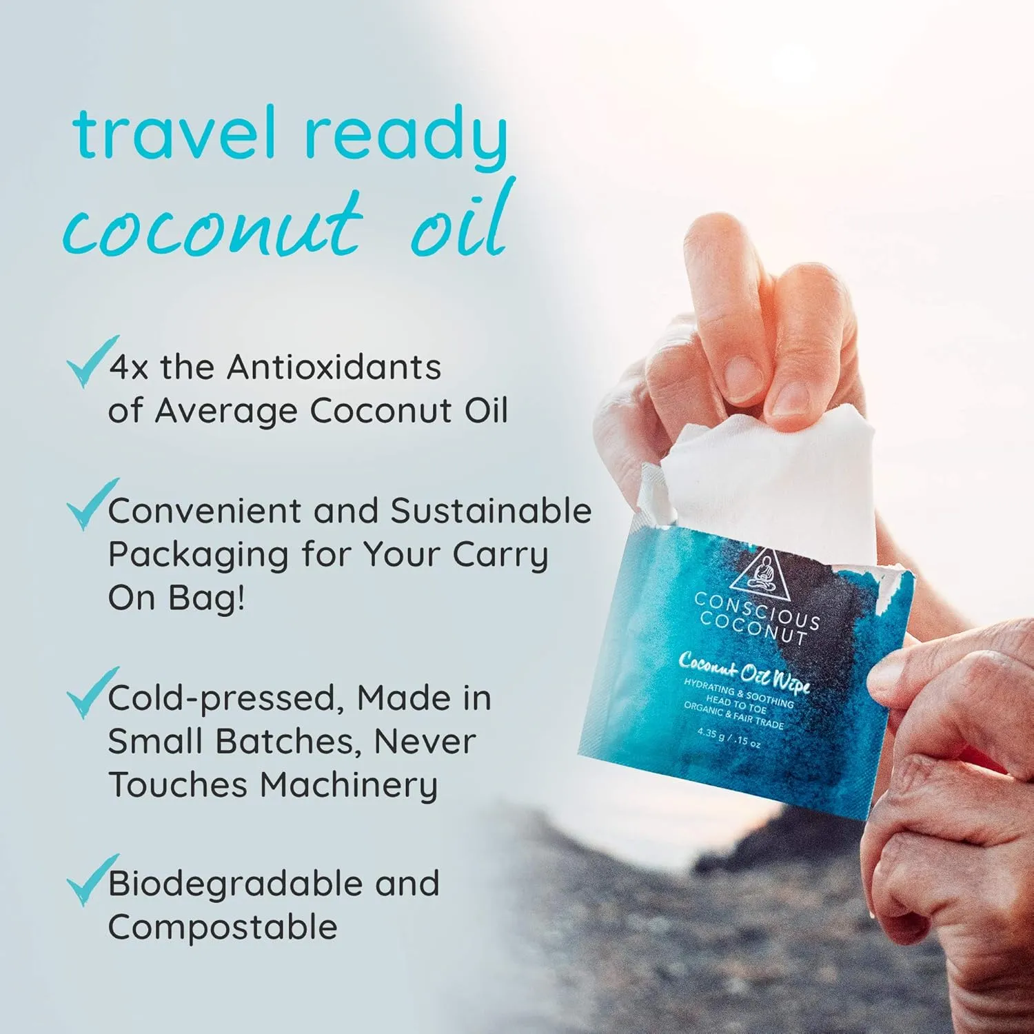 Conscious Coconut Individual Coconut Oil Wipes - For Face and Body - Soothing, Moisturizing, Sunburns, Makeup Remover, Cold-Pressed, Virgin Coconut Oil (25 Count)