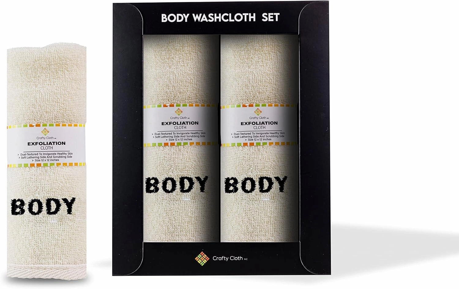 Crafty Cloth 4-Pack Spa Exfoliation Cloths – Dual-Sided Soft & Exfoliating Body Washcloths for Luxurious Scrubbing and Skin Rejuvenation | Personalized Body Care | 12x12 Fast-Dry Towels | Beige