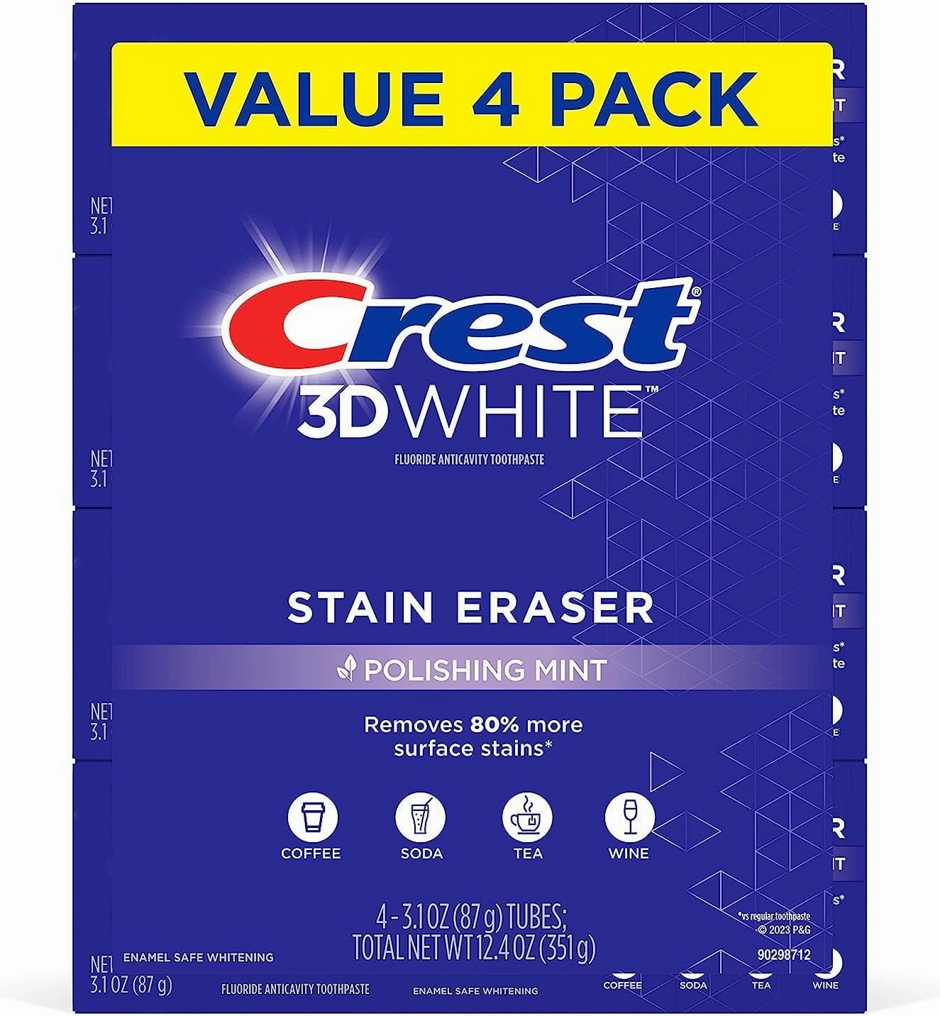 Crest 3D White Stain Eraser Teeth Whitening Toothpaste, Polishing Mint, 3.1 oz (Pack of 4)