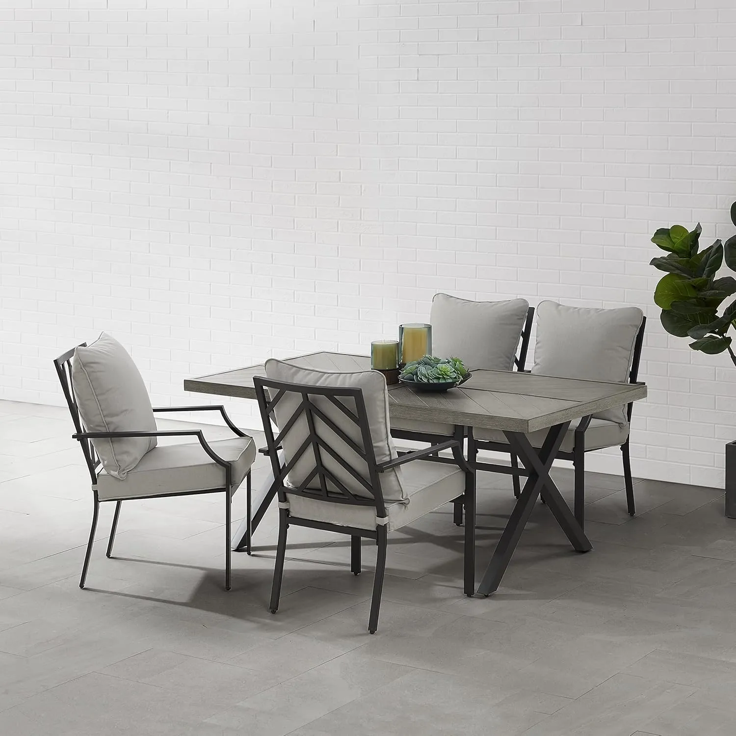 Crosley Furniture Otto 5-Piece Chevron Outdoor Dining Set for 4, Patio Table and Chairs for Backyard, Deck, Matte Black with Gray Cushions