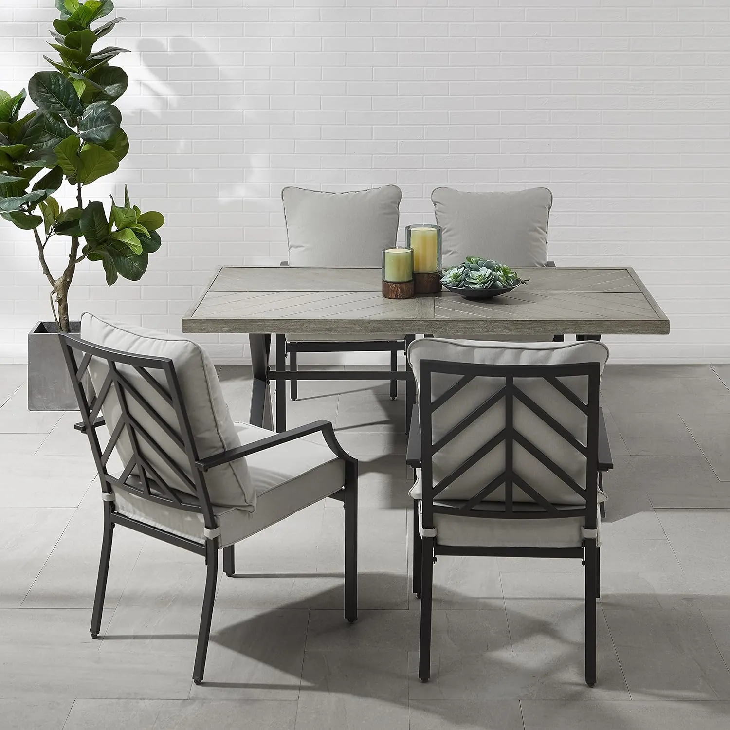 Crosley Furniture Otto 5-Piece Chevron Outdoor Dining Set for 4, Patio Table and Chairs for Backyard, Deck, Matte Black with Gray Cushions