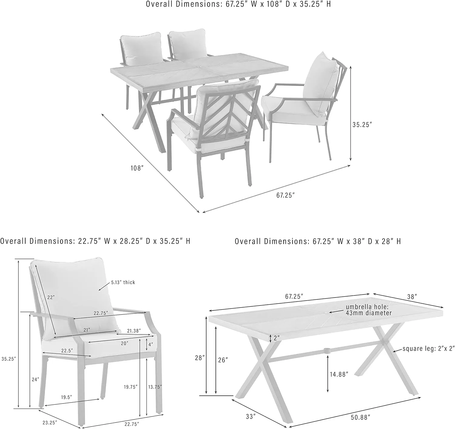 Crosley Furniture Otto 5-Piece Chevron Outdoor Dining Set for 4, Patio Table and Chairs for Backyard, Deck, Matte Black with Gray Cushions