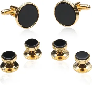 Cuff-Daddy Black Onyx and Gold Tone Cufflinks and Studs with Presentation Idea Box - 5/8" cufflinks, 3/8" studs Black Gold Cufflinks and Studs - Unique Men's Accessories for Wedding