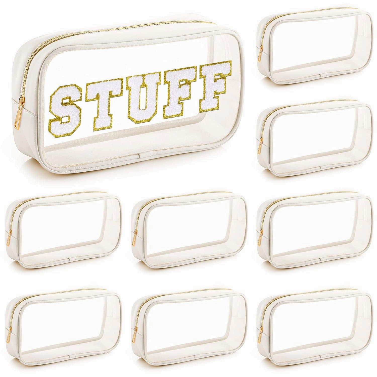 Cunno 9 Pcs Preppy Clear Makeup Bag DIY Chenille Letter Pouch Large Nylon Makeup Bag Travel Toiletry Zipper Cosmetic Organizer Pouch PVC Bags for Women, 9.5 x 5.1 x 2.8 Inch(Cream White)
