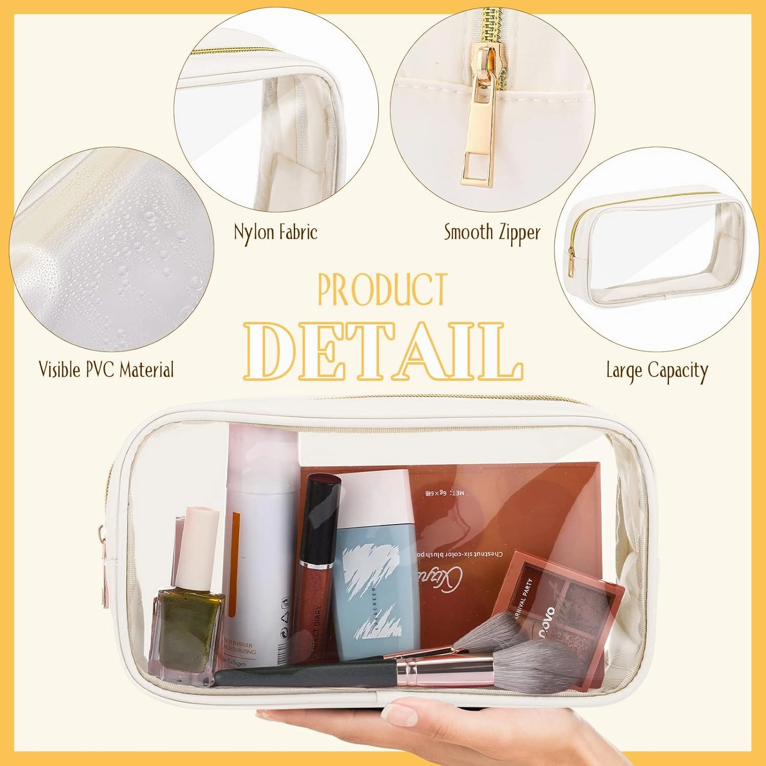 Cunno 9 Pcs Preppy Clear Makeup Bag DIY Chenille Letter Pouch Large Nylon Makeup Bag Travel Toiletry Zipper Cosmetic Organizer Pouch PVC Bags for Women, 9.5 x 5.1 x 2.8 Inch(Cream White)