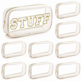 Cunno 9 Pcs Preppy Clear Makeup Bag DIY Chenille Letter Pouch Large Nylon Makeup Bag Travel Toiletry Zipper Cosmetic Organizer Pouch PVC Bags for Women, 9.5 x 5.1 x 2.8 Inch(Cream White)