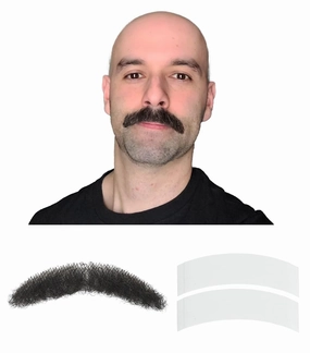 Curly Bushy Fake Mustache, Thick Human Hair Fake Beard, Invisible Soft Lace Realistic Mustache Costume, Stick On Mustache of Costume Beard, Realistic Beard Wig for Halloween/Drama/Cosplay (Black)