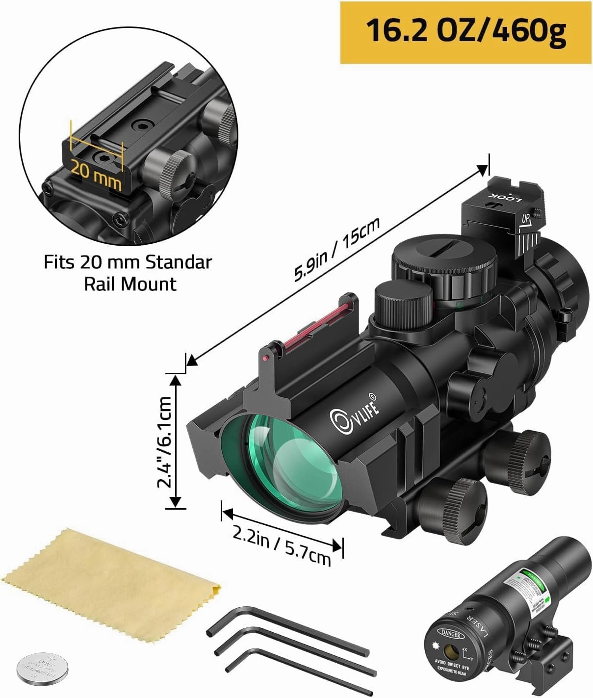 CVLIFE 4x32 Prism Tactical Rifle Scope Red & Green & Blue Illuminated Reticle Scope with Fiber Optic Sight & IIIA/2MW Laser Sight