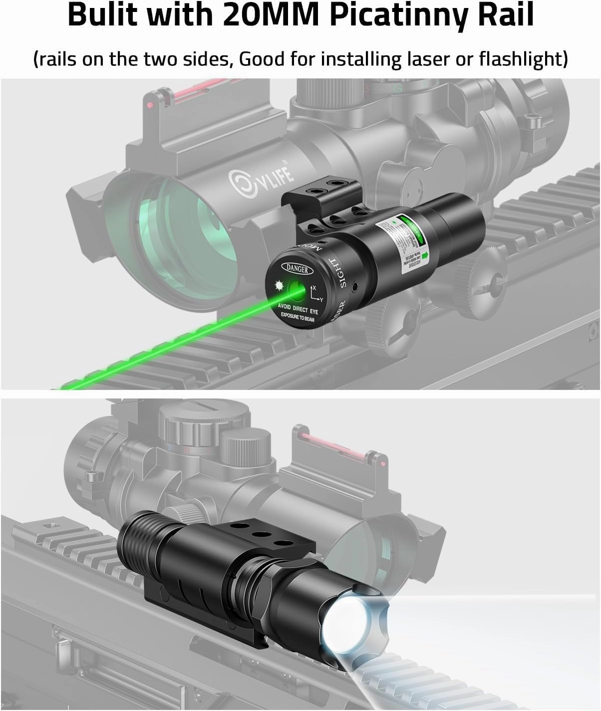CVLIFE 4x32 Prism Tactical Rifle Scope Red & Green & Blue Illuminated Reticle Scope with Fiber Optic Sight & IIIA/2MW Laser Sight