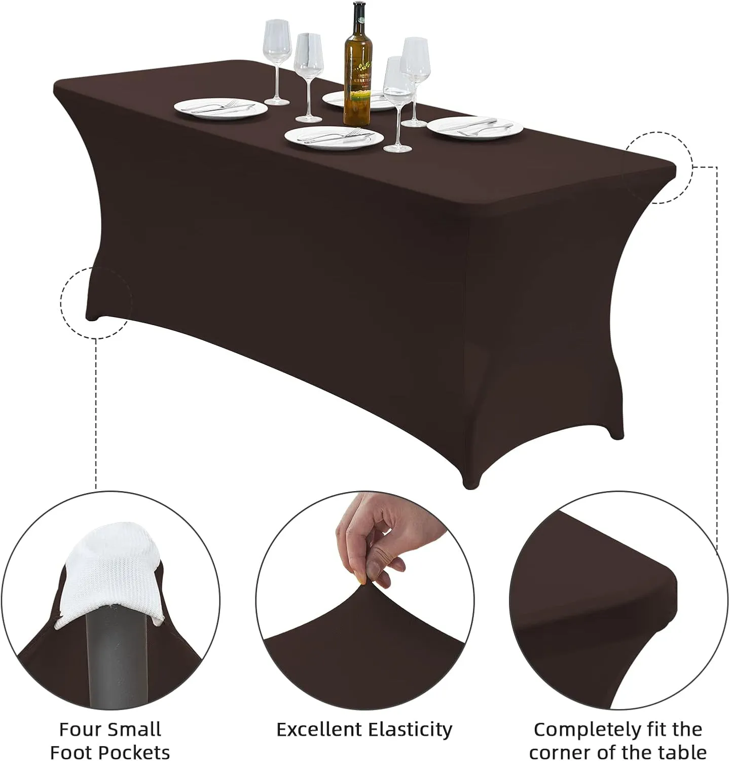 CWK 6FT Stretch Spandex Table Cover for Rectangular Tables - Elastic Fitted Tablecloth for Folding Tables, Wrinkle Resistant, Durable Table Protector for Parties, Weddings, Banquets & Events (Coffee)