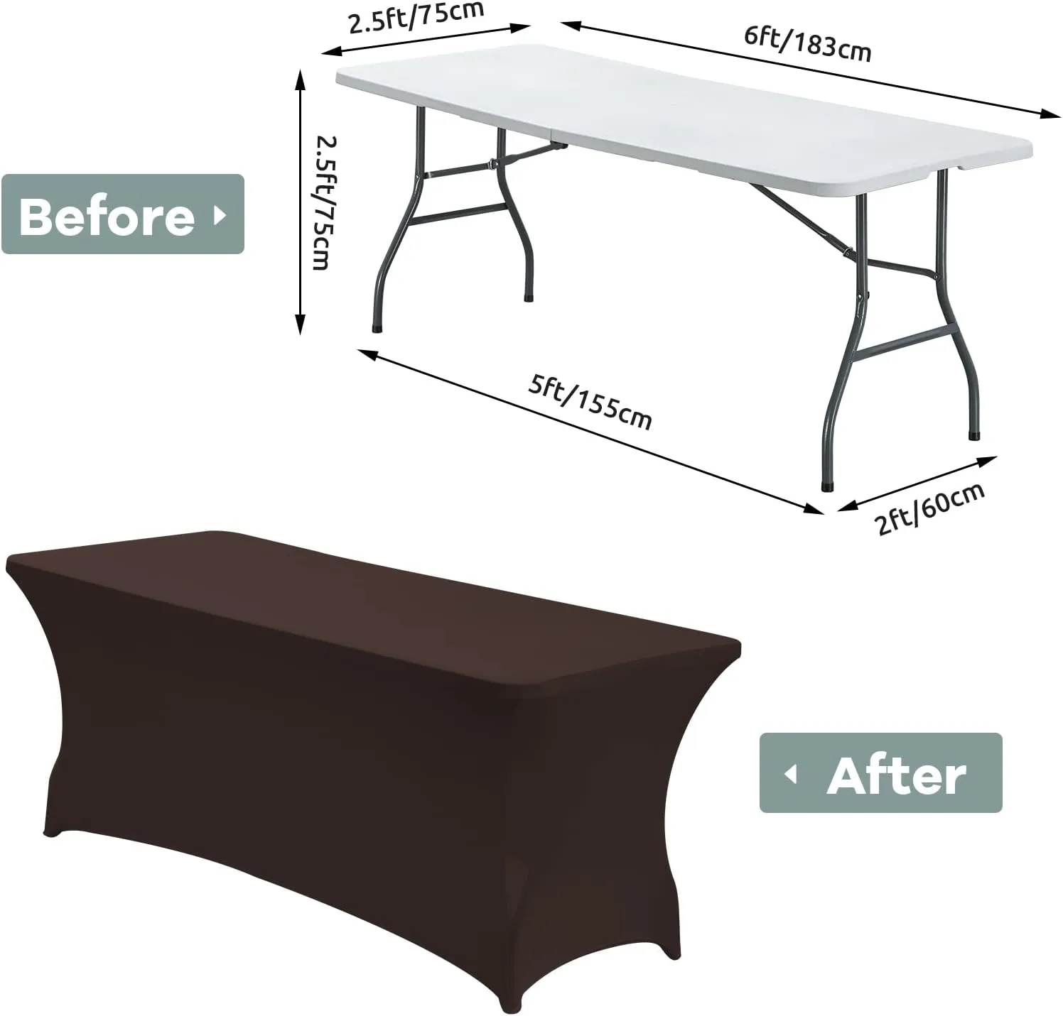 CWK 6FT Stretch Spandex Table Cover for Rectangular Tables - Elastic Fitted Tablecloth for Folding Tables, Wrinkle Resistant, Durable Table Protector for Parties, Weddings, Banquets & Events (Coffee)
