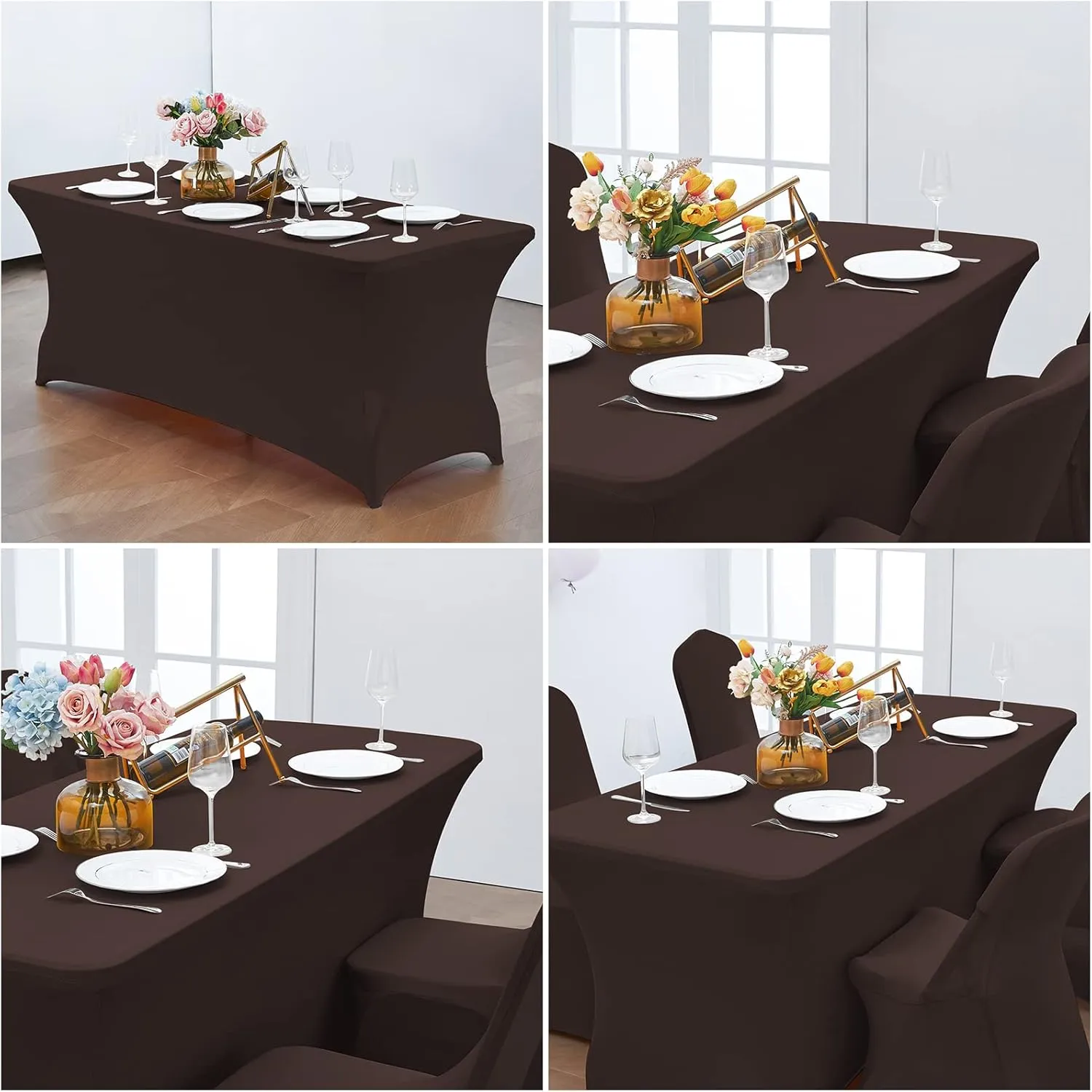 CWK 6FT Stretch Spandex Table Cover for Rectangular Tables - Elastic Fitted Tablecloth for Folding Tables, Wrinkle Resistant, Durable Table Protector for Parties, Weddings, Banquets & Events (Coffee)