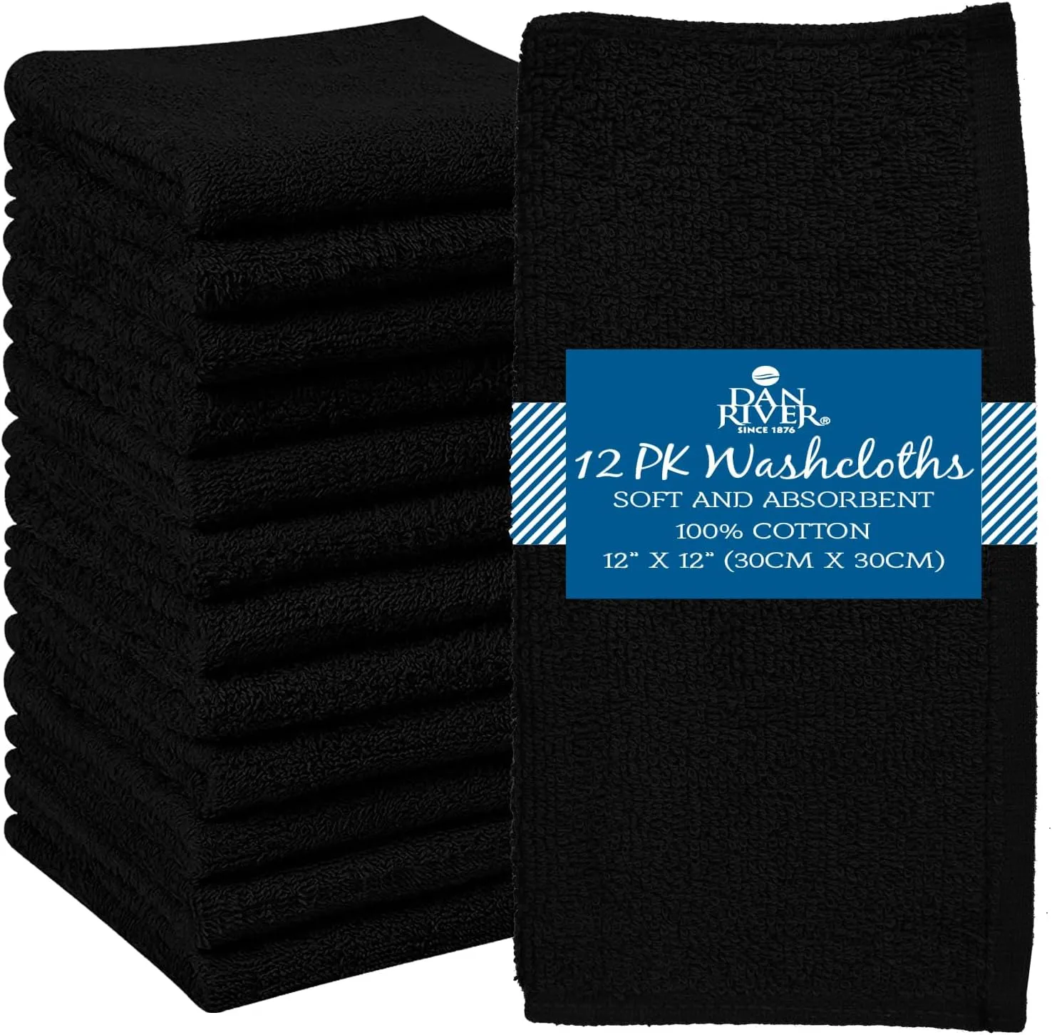 Dan River Washcloths - 12 Pack, 12x12 Inches, 400 GSM, Black, 100% Cotton, Soft & Highly Absorbent Wash Cloths for Face and Body, Perfect for Bathroom, Makeup Removal, and Everyday Use