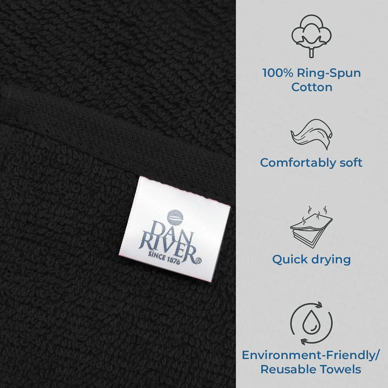 Dan River Washcloths - 12 Pack, 12x12 Inches, 400 GSM, Black, 100% Cotton, Soft & Highly Absorbent Wash Cloths for Face and Body, Perfect for Bathroom, Makeup Removal, and Everyday Use