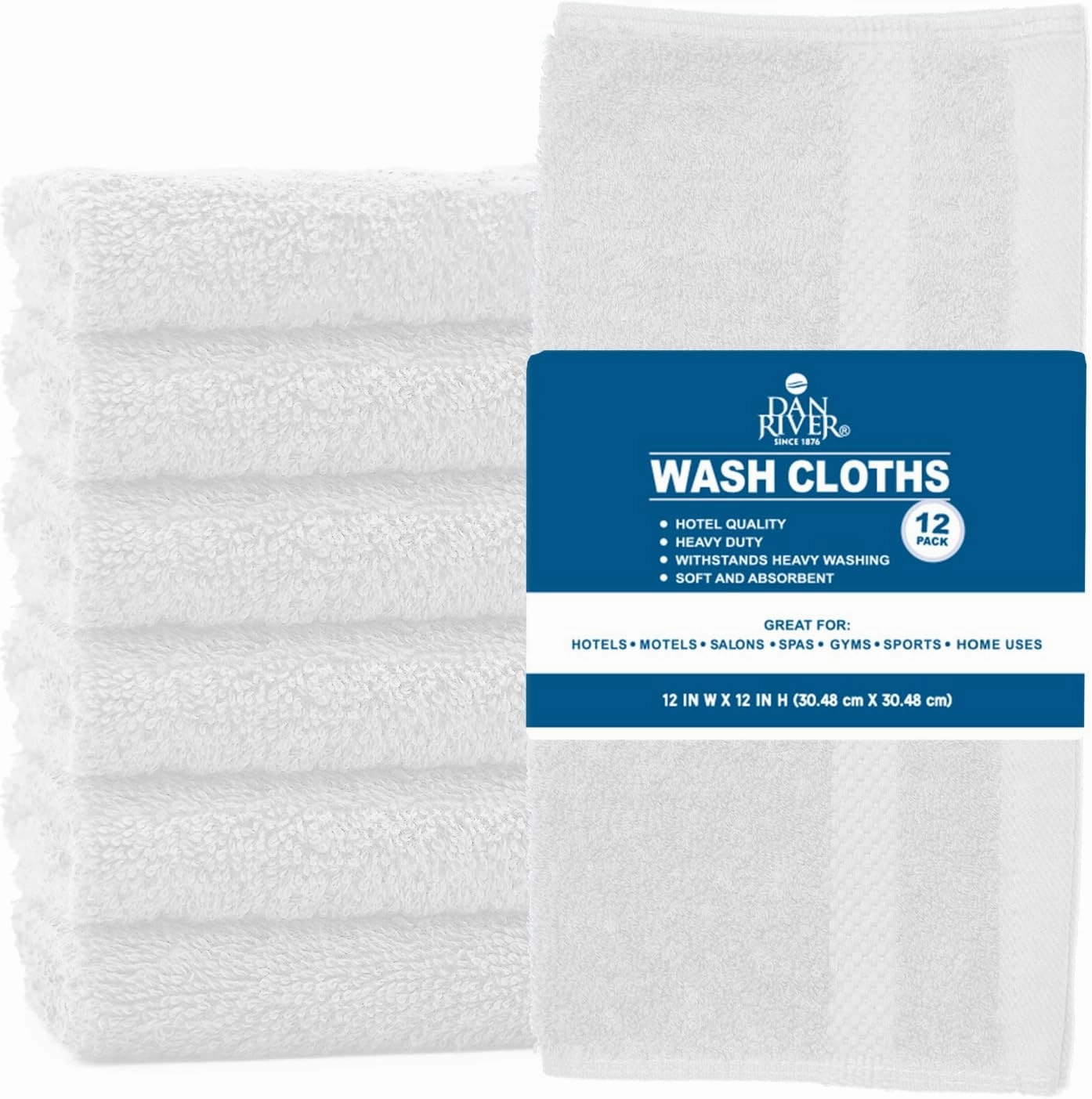 DAN RIVER Premium Wash Cloths for Your Face, 100% Cotton Washcloths 12 Pack, 550 GSM Highly Absorbent Face Towels for Body, Showering, Bathroom, (12x12 in, White)