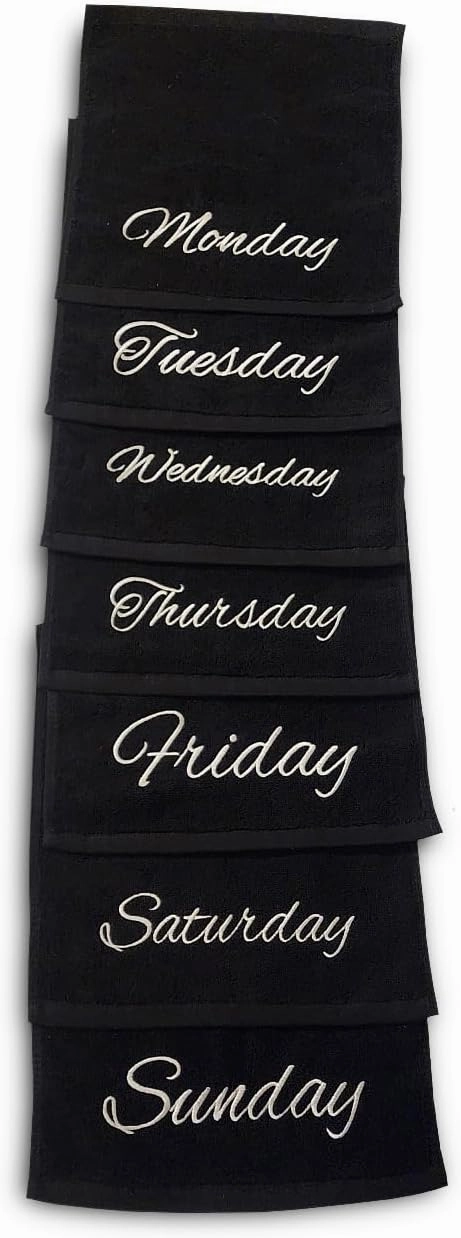 Days of The Week Washcloth Set (Monday Thru Sunday) - Set of 7 Daily Exfoliating Face & Body Wash Cloths (Black)