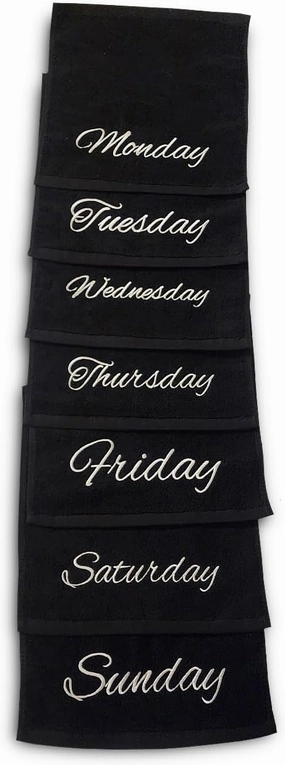 Days of The Week Washcloth Set (Monday Thru Sunday) - Set of 7 Daily Exfoliating Face & Body Wash Cloths (Black)