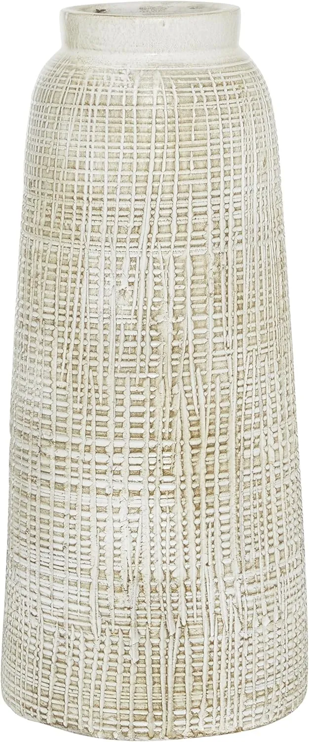 Deco 79 Ceramic Decorative Vase Textured Crosshatch Centerpiece Vase, Flower Vase for Home Decoration 8" x 8" x 17", White