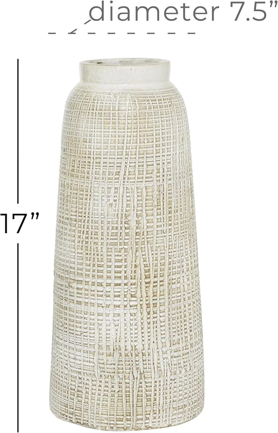 Deco 79 Ceramic Decorative Vase Textured Crosshatch Centerpiece Vase, Flower Vase for Home Decoration 8" x 8" x 17", White