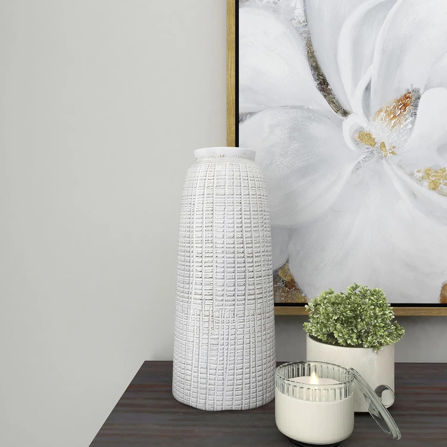 Deco 79 Ceramic Decorative Vase Textured Crosshatch Centerpiece Vase, Flower Vase for Home Decoration 8" x 8" x 17", White