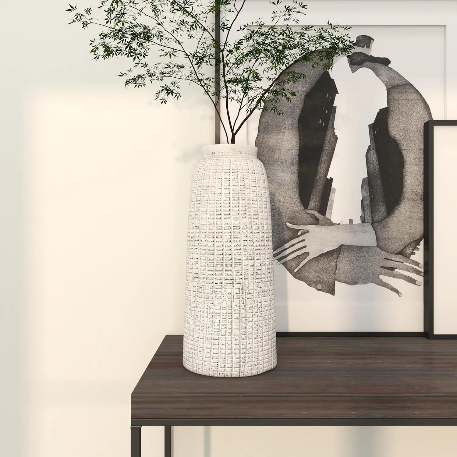 Deco 79 Ceramic Decorative Vase Textured Crosshatch Centerpiece Vase, Flower Vase for Home Decoration 8" x 8" x 17", White