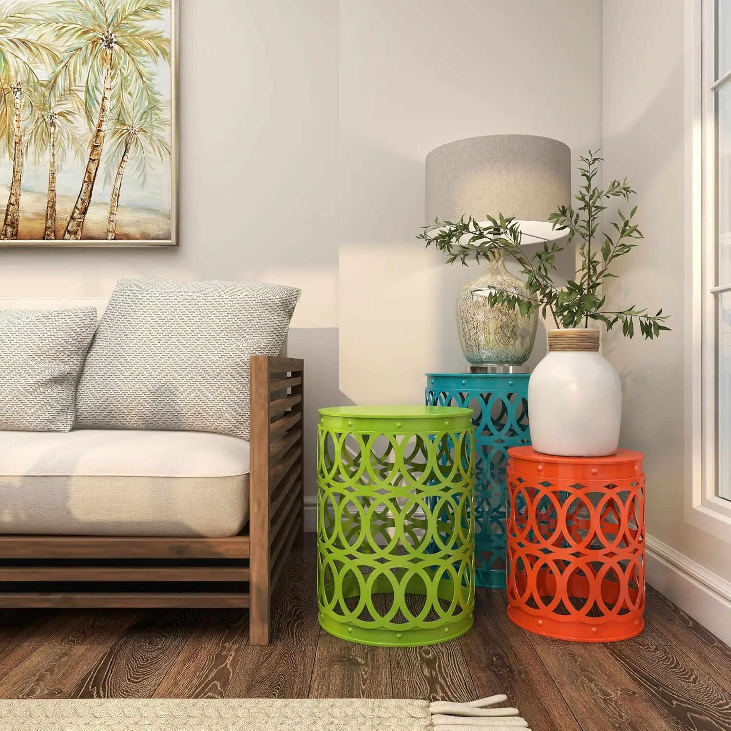 Deco 79 Metal Accent Indoor Outdoor Nesting End Carved Trellis Design, Set of 3 Side Table 22", 18", 15"H, Multi Colored